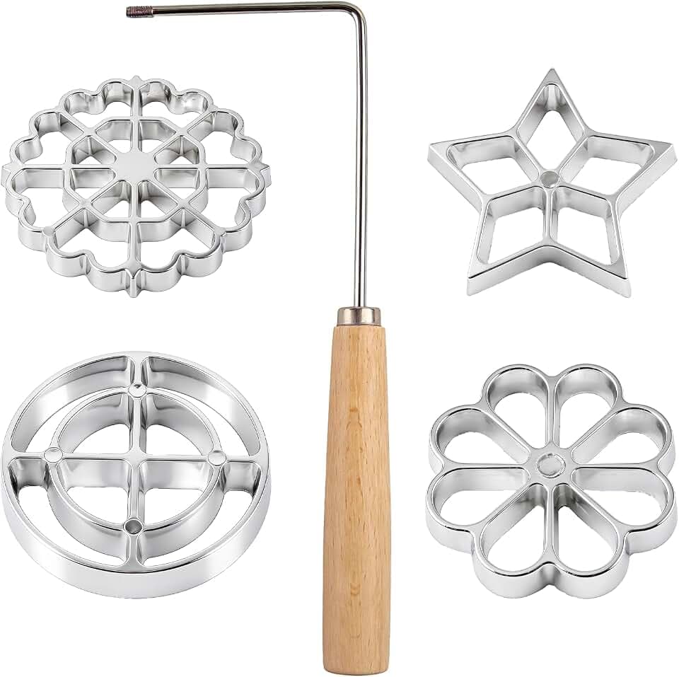 5 Pcs Rosettes Timbale Set, Includes 4 Pcs Bunuelos Mold & 1 Pcs Handle, Rosette Iron Set with Handle, Lotus Flower Bunuelos Cookie Mold, Funnel Cake Maker Kit for Kitchen Baking Cooking Housewares