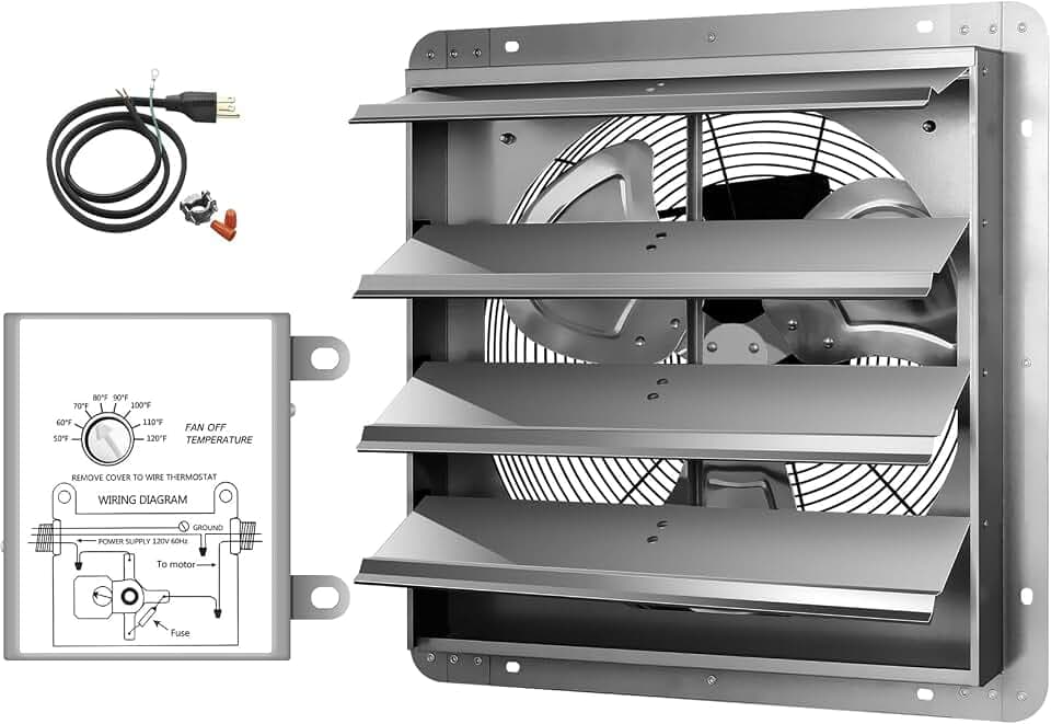 Simple Deluxe 18 Inch Wall Mounted Shutter Exhaust Fan with Temperature Controller and Power Cord Kit, Aluminum, 1400 RPM, 2000 CFM, for Greenhouse, Attic, Garage, Louvered Vent, Plant, Silver