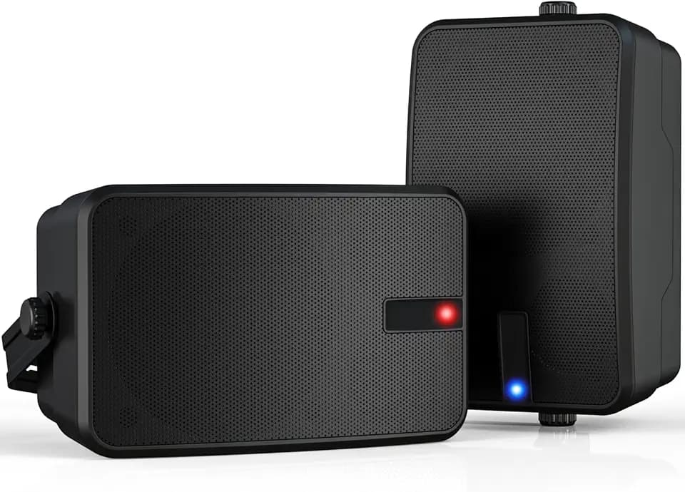 AC-Powered Outdoor Bluetooth Speakers | Wireless Sync 100+ Speakers | IPX5 Waterproof Wall Mount | for Party, Patio, Porch, Garage (Pair, Black)