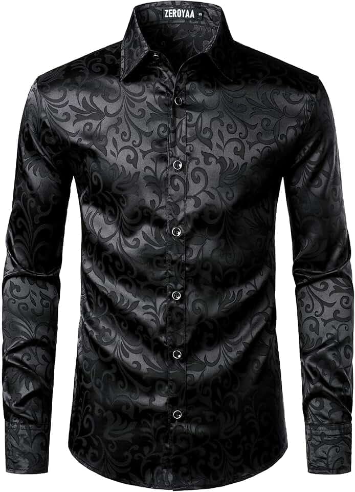 PARKLEES Luxuriöses Jacquard-Langarmhemd für Herren, schmale Passform, Satin, seidig, Blumenmuster, für Hochzeit, Party, Abschlussball