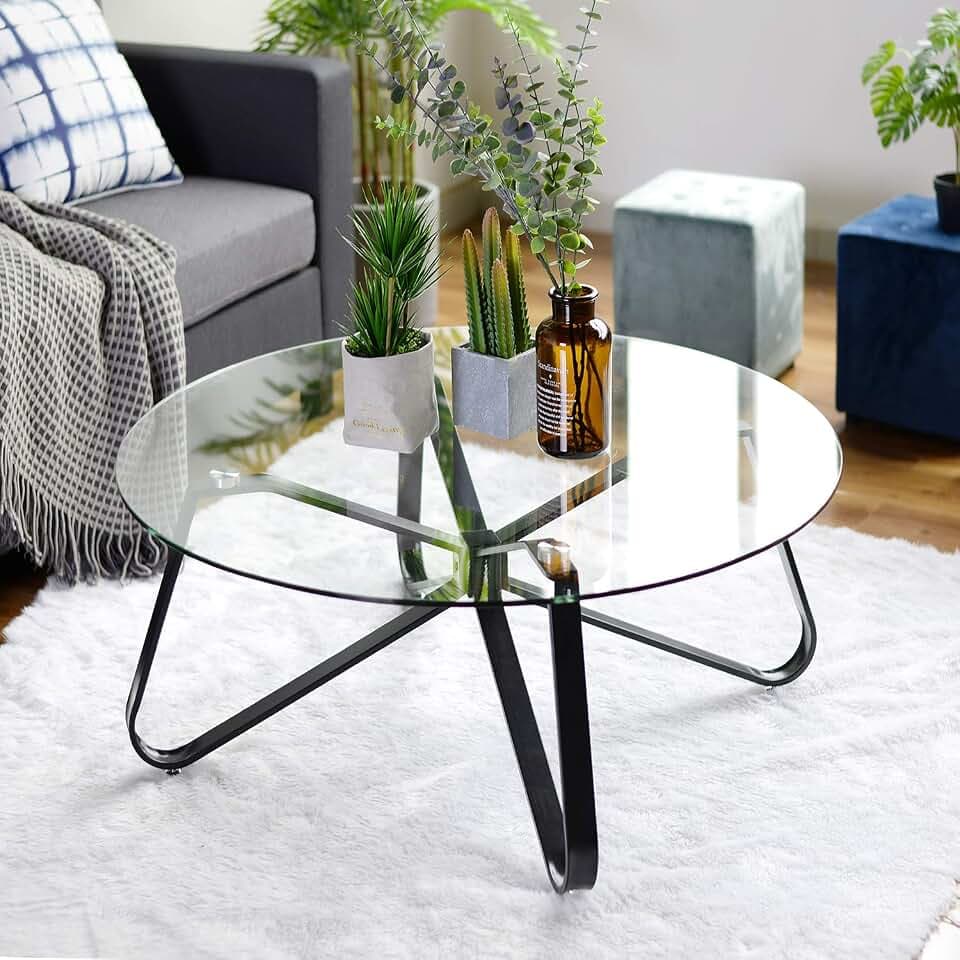 Runder Beistelltisch aus gehärtetem Glas, minimalistisches nordisches Sofa, moderner Beistelltisch mit schwarzem Eisensockel für Zuhause, Wohnzimmer, Terrasse, Garten (80 x 80 x 40 cm), 80 x