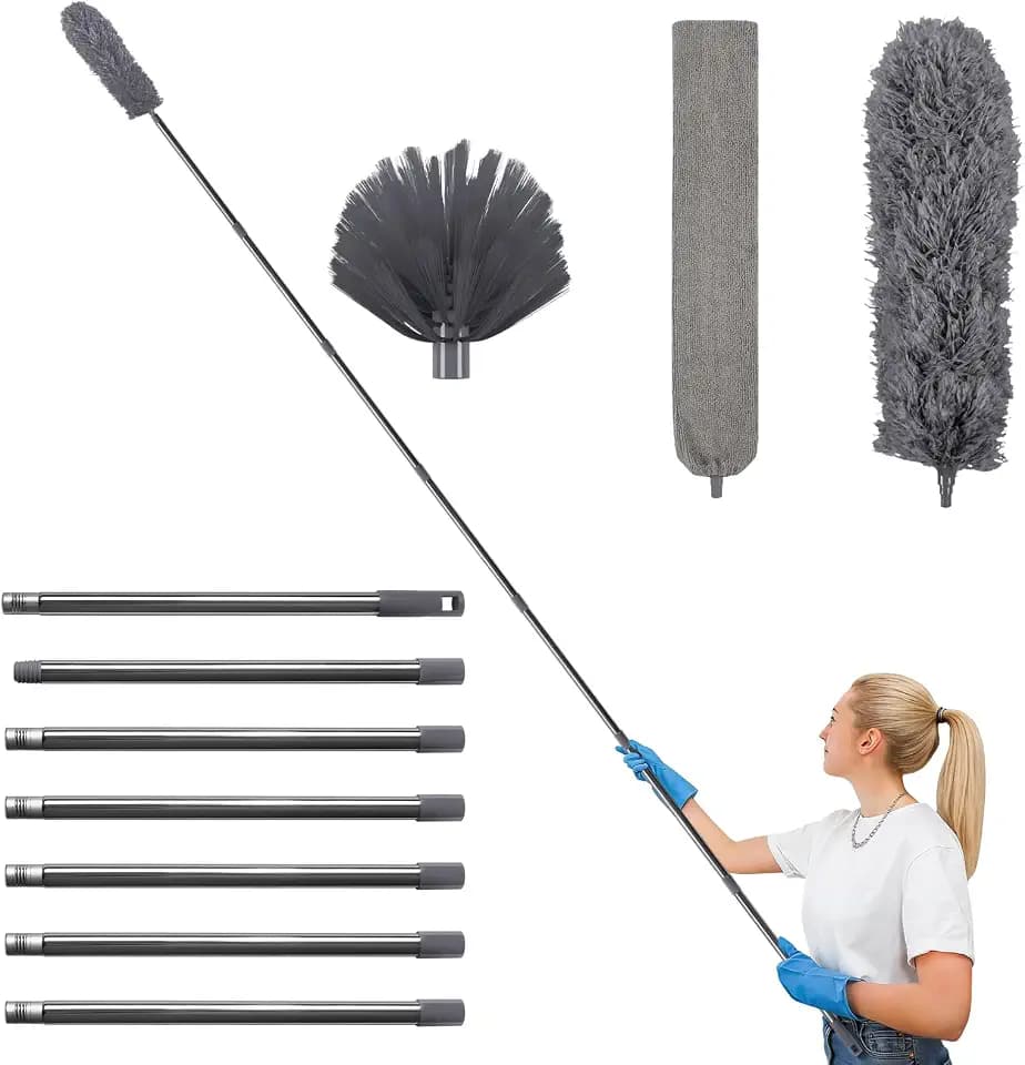 Terafeels 310 cm Staubwedel Lang Teleskop Waschbar, mit 1 Biegbare Eckbesen und 1 Spinnenwebenentferner für Reinigung Unter Sofa Möbeln Deckenventilator Spinnweben (Grau)