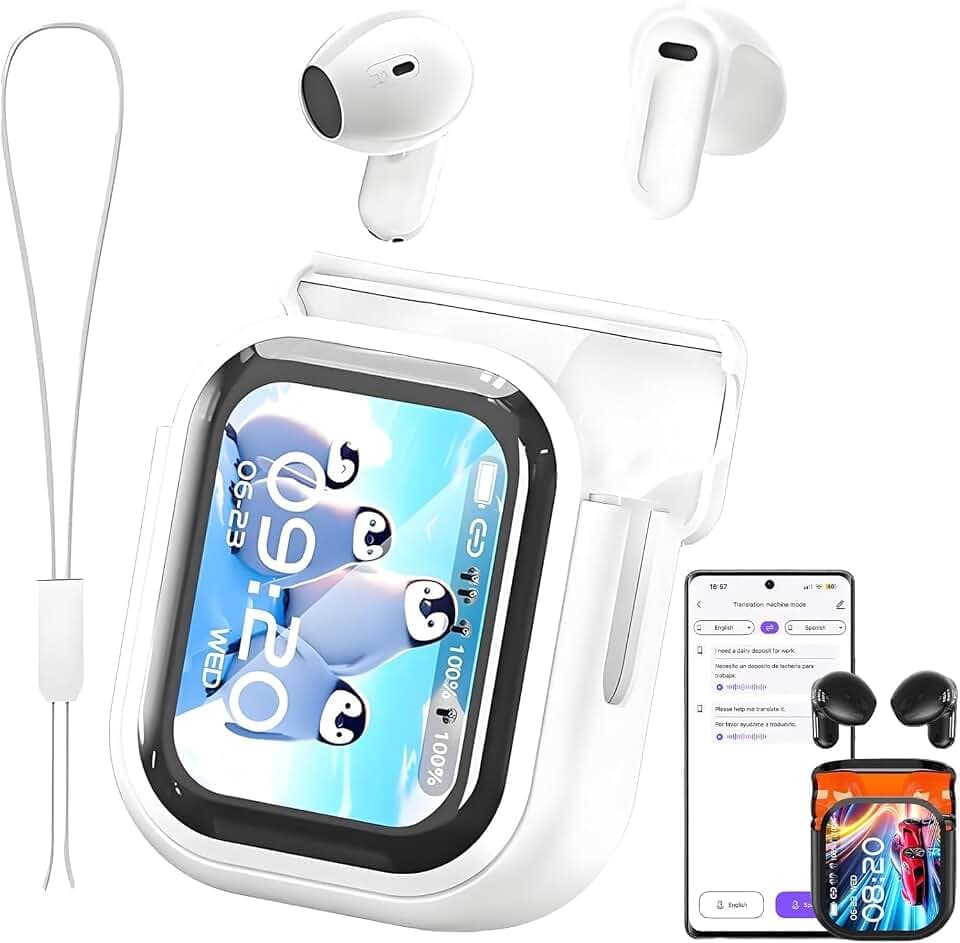 NE20 KI Übersetzer Kopfhörer, 165 Sprachen Übersetzungskopfhörer mit 7 Übersetzungsmodi, Bluetooth 6.0 Ohrhörer mit HiFi-Klang & Touchscreen, Kopfhörer für Reisen, Meetings und Studium, Weiß