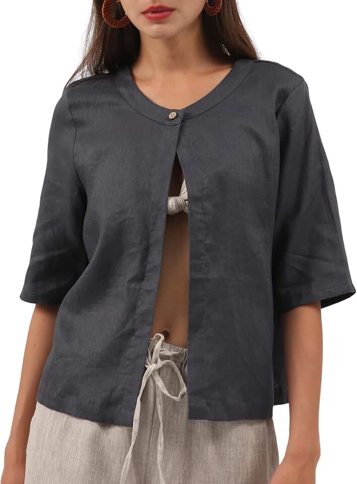 Amazhiyu Women's Pure Linen Open Front Cropped Cardigan