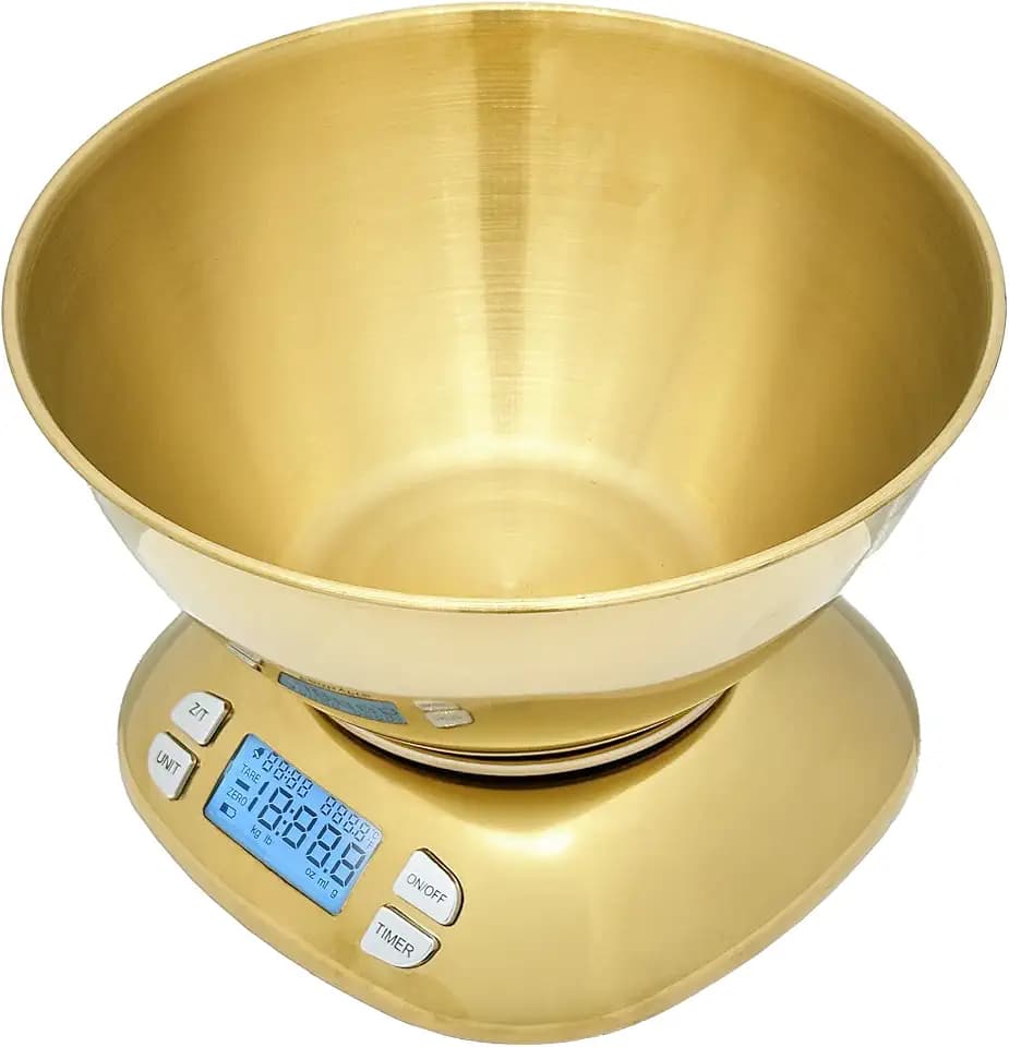 Stainless Steel Digital Kitchen Scale w. Bowl - for Food Coffee Lab - LCD Display gram Ounces lb:oz lb ml - 12 LBS/5.5 KG Capacity - Battery Included - Gold by The Display Guys