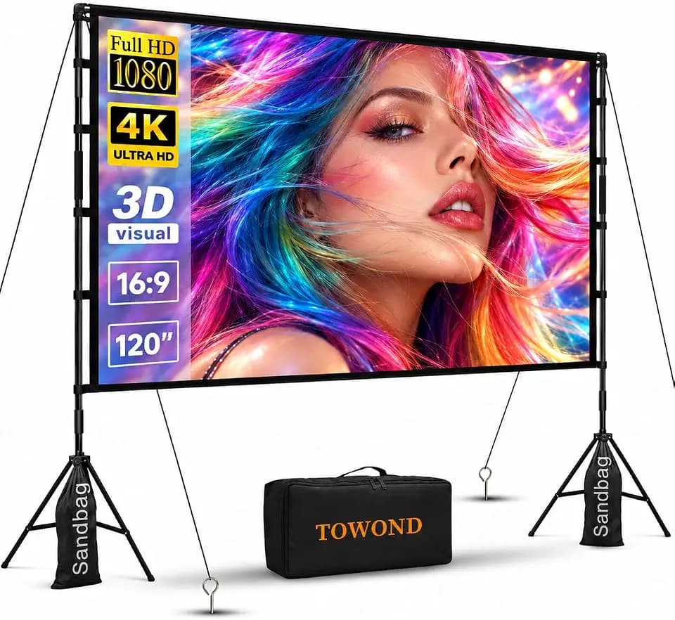 Towond 120 inch Projector Screen with Stand, 4K HD 16:9 Foldable Anti-Crease Indoor Outdoor Movie Screen, Portable Projection Screen for Backyard Theater, Camping, and Sports Viewing Parties