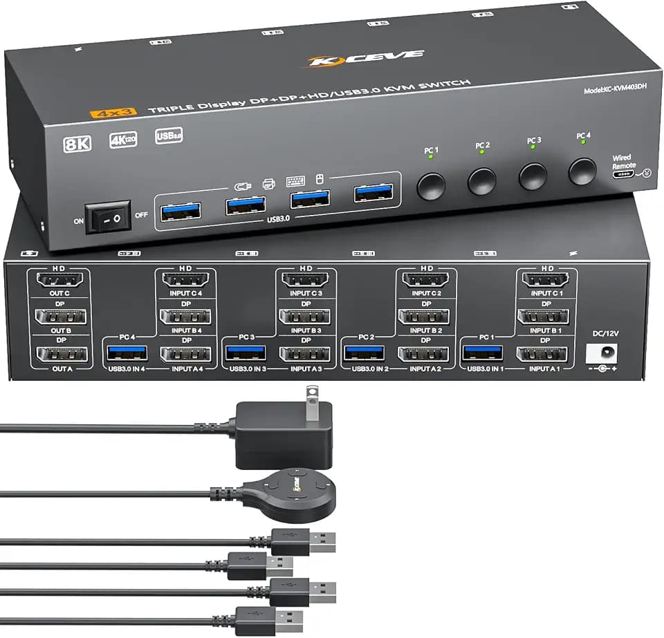 HDMI+2 Displayport KVM Switch 3 Monitors 4 Computers 8K@60Hz 4K@144Hz,4 Port KVM Switches Triple Monitor Share 3 Display and 4 USB3.0 Ports Support Extended/Mirror Mode.