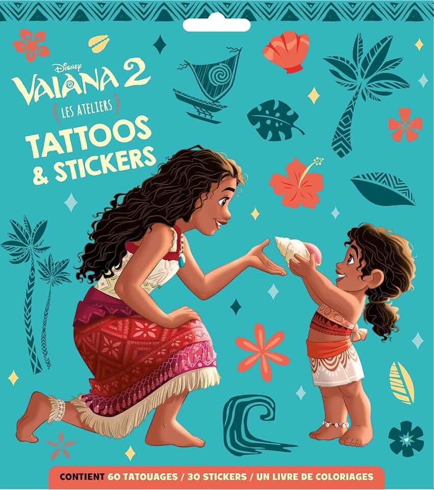VAIANA 2 - Pochette plate - Tattoos et Stickers - Disney: Les ateliers - Contient 60 tatouages, 30 stickers, 1 livre de coloriage