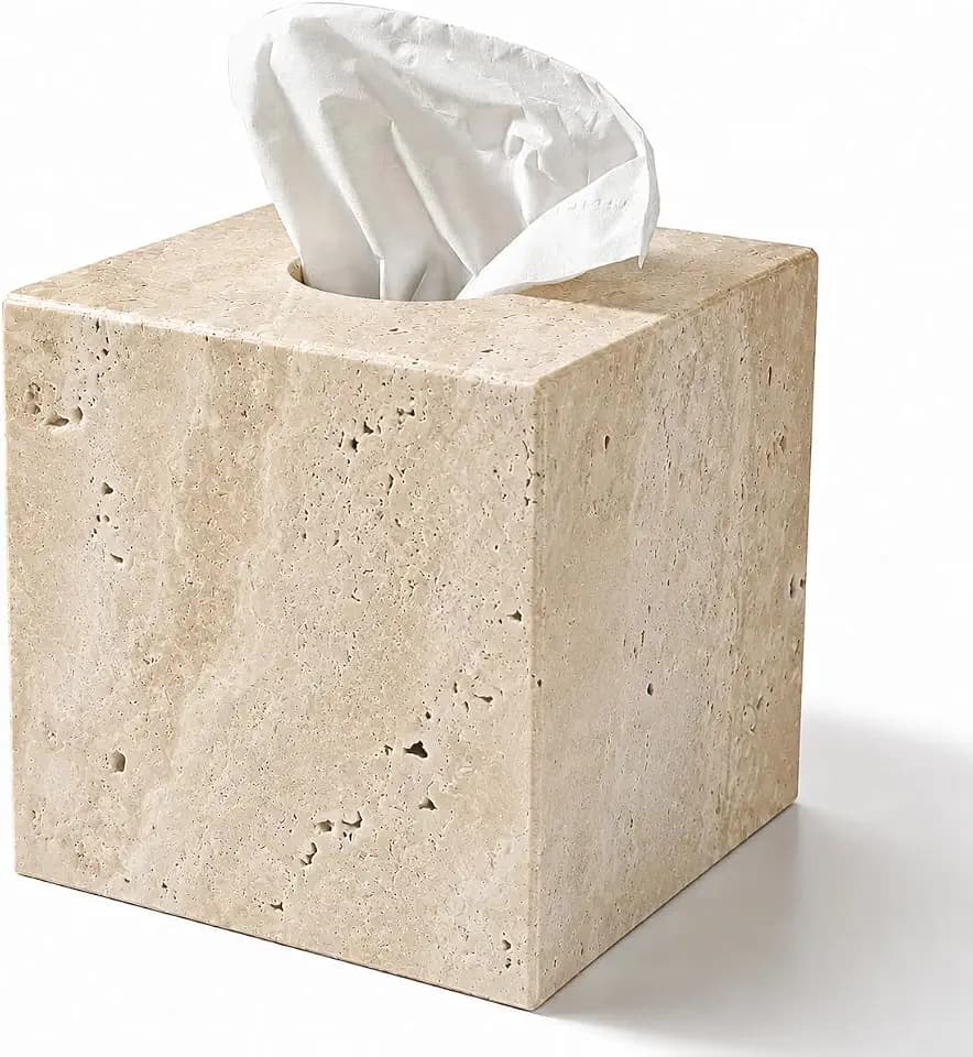 Koville Marble Tissue Box Cover, Heavy Square Tissue Cube Cover Tissue Organizer with Open Bottom for Countertop, Decorative Stone Facial Tissues Boxes Holder for Bathroom Bedroom Kitchen (Beige)