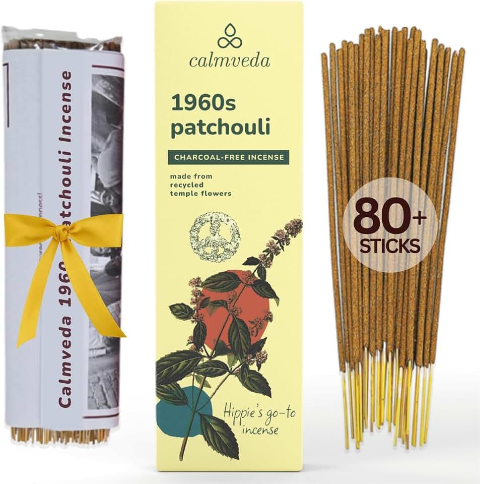 CALMVEDA 1960s Patchouli Incense Sticks - 80 Pack, Deep Earthy Minty Aroma