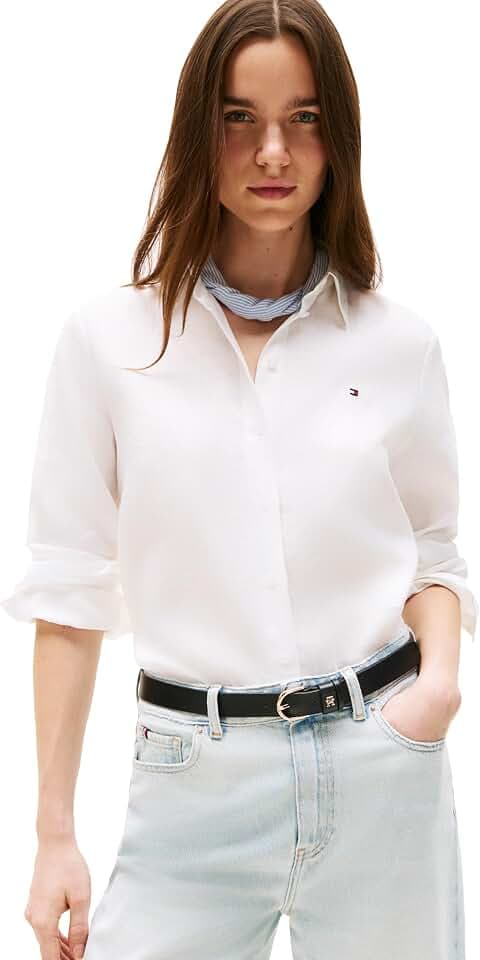 Tommy Hilfiger Women's Lightweight Linen Long Sleeve Button Down Shirt in Relaxed Fit Linen Blouse