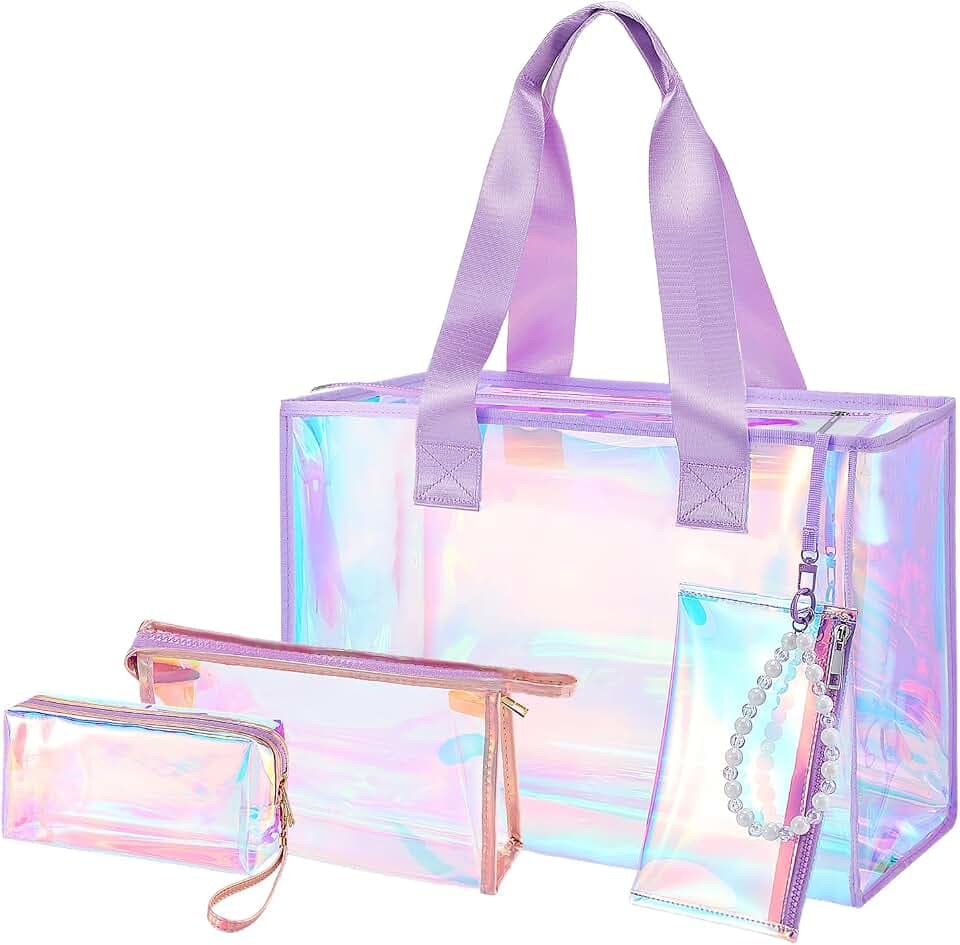 Cosweet Iridescent Beach Tote Bag with 3 Small Pouch for Women