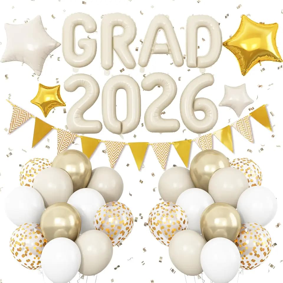 Graduation Decorations 2026 White Gold, GRAD 2026 Foil Balloons Banner with Nude White Gold Confetti Balloon Star Balloon Pennant Banner for Class of 2026 Graduation High School College Party Supplies