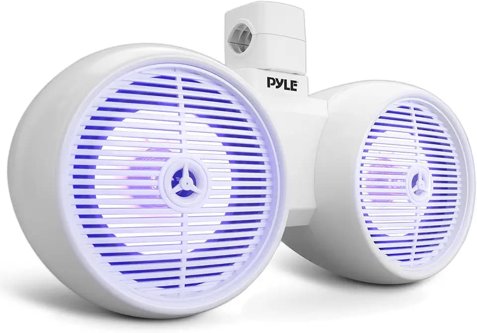 Pyle Dual Bluetooth Off-Road Speakers - 8” 300W 2-Way Marine Waterproof Wakeboard Tower Sound System w/LED Light, Full Range Outdoor Stereo Speaker for Car ATV Jeep Boat, Includes Brackets (White)