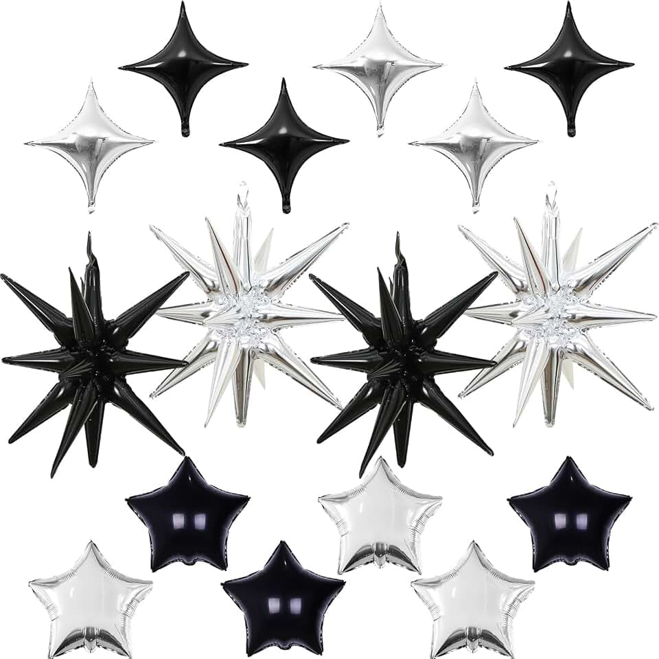 Star Balloons, Different Sizes Black and Silver Foil Balloons