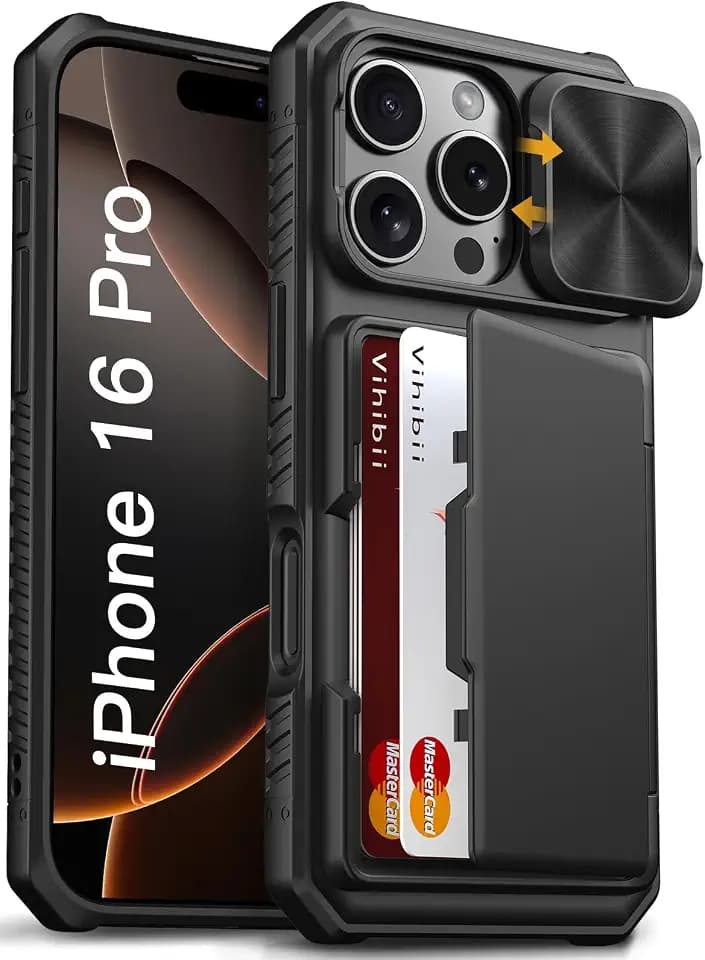 Vihibii for iPhone 16 Pro Case Wallet with Card Holder (4 Cards), Black