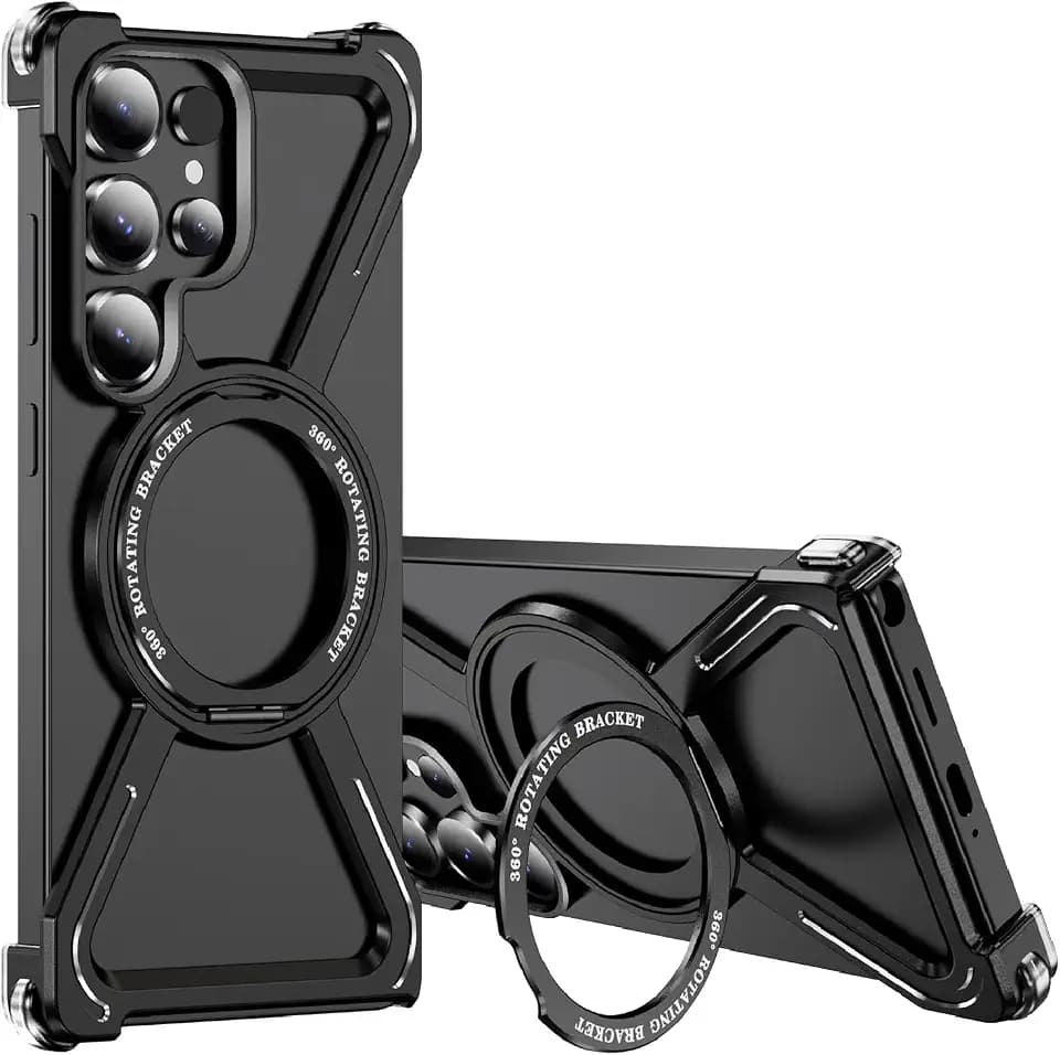 Guppy Compatible with Galaxy S25 Ultra Case, Minimalist Metal Frameless Phone Case with Magnetic Kickstand Heavy-Duty Shockproof Thin Slim Protective Bumper Case (Black)