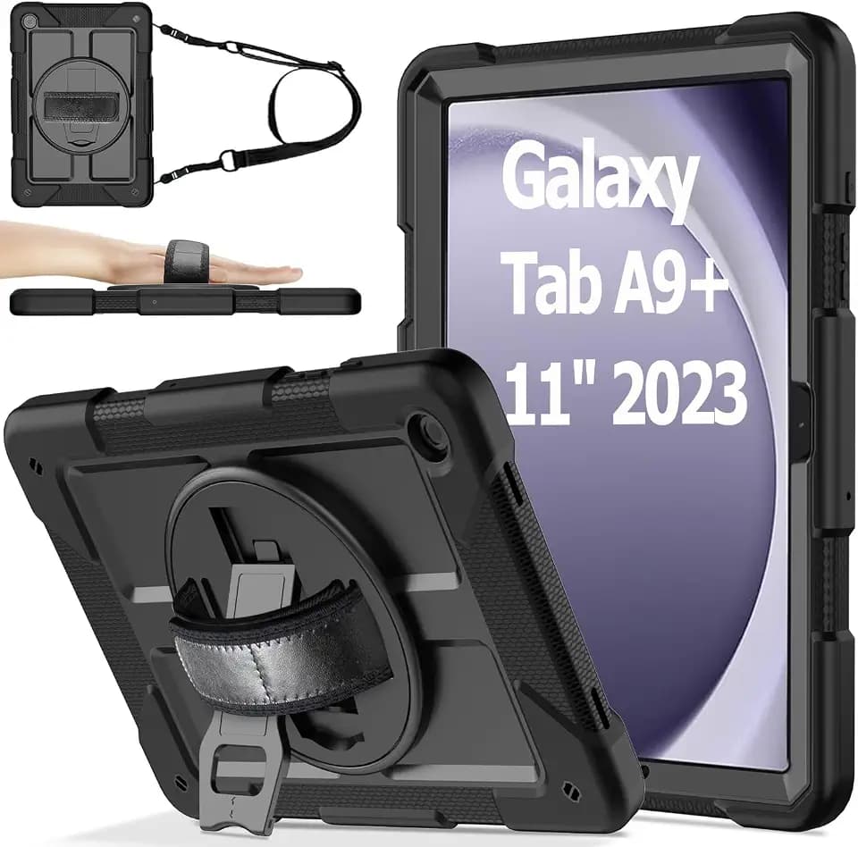 AVAWO Case for Samsung Galaxy A11+ Plus/ A9 Plus 11 inch 2026/2023 with 360° Swivel Handle Strap Cover with Lanyard, Black