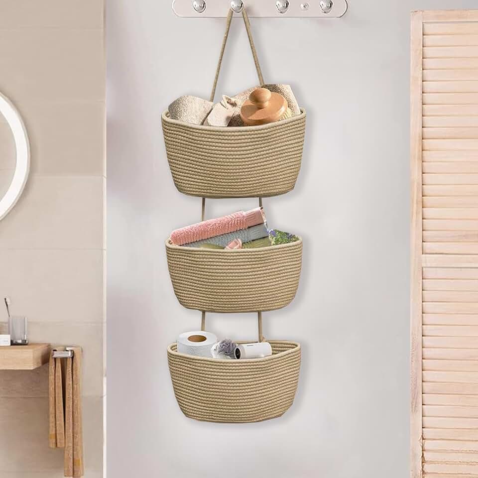 Hängeorganizer Organizer Wand, Premium Leinen mit 3 stufiger Hängekorb aus Baumwollseil gewebt, Hängende Tasche Aufbewahrungstasche für Schlafzimmer, Wohnzimmer (braun)