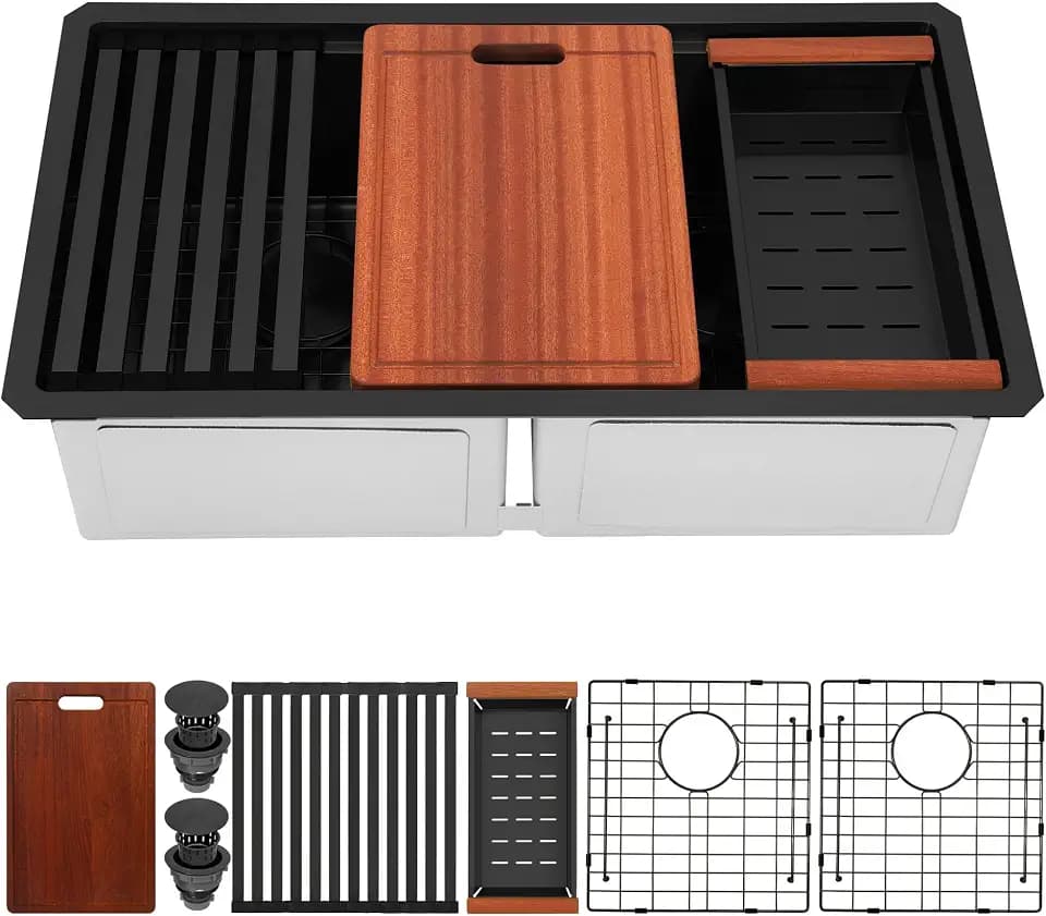 32 Inch 16 Gauge Undermount 50/50 Double Bowl Black Kitchen Sink