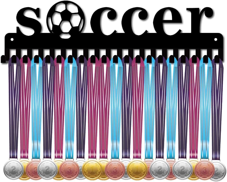 CREATCABIN Medal Holder Display Hanger Rack Sports Soccer Metal Wall Mount with 20 Hooks for Race Football Players Gymnastics Gymnast Personalized Medal Hanger Display 15.7 x 4.5inch