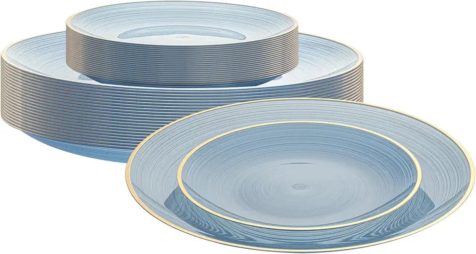 Restaurantware Plastic Round Blue Translucent Rimmed Plate Set, 40 Ct