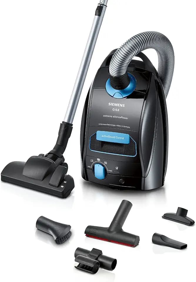 Siemens Staubsauger mit Beutel Q5.0 Extreme silencePower VSQ5X500, Bodenstaubsauger, ideal für Allergiker, Hygiene-Filter, Starke Saugleistung, XXL-Polsterdüse, langes Kabel, 650 W, schwarz