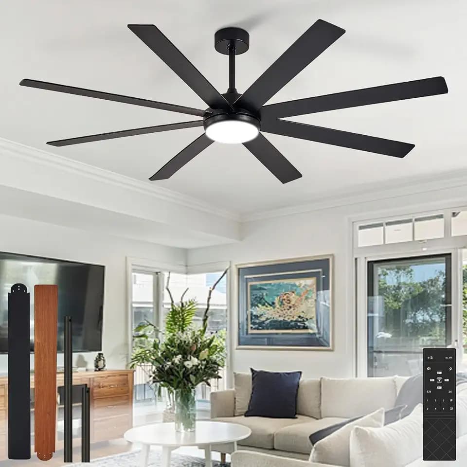 Depuley 66" Ceiling Fans with Lights: Black Indoor/Outdoor Ceiling Fan for Patios Living Room - 8 Blades Dimmable Large Ceiling Fans with Remote APP Control Timer Reversible Quiet DC Motor 6 Speeds