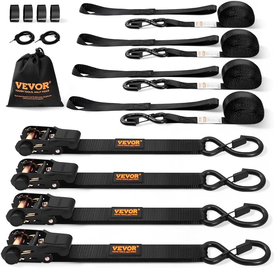 VEVOR 4er-Set Spanngurt 0,025 x 4,6 m Zurrgurt 998 kg Ratschenzurrgurt Polyester-Gurt Kohlenstoffstahl-Haken Befestigungsgurt Ratschenspanngurt Ideal für Motorräder Fahrräder Kajaks UTV Boote ATV