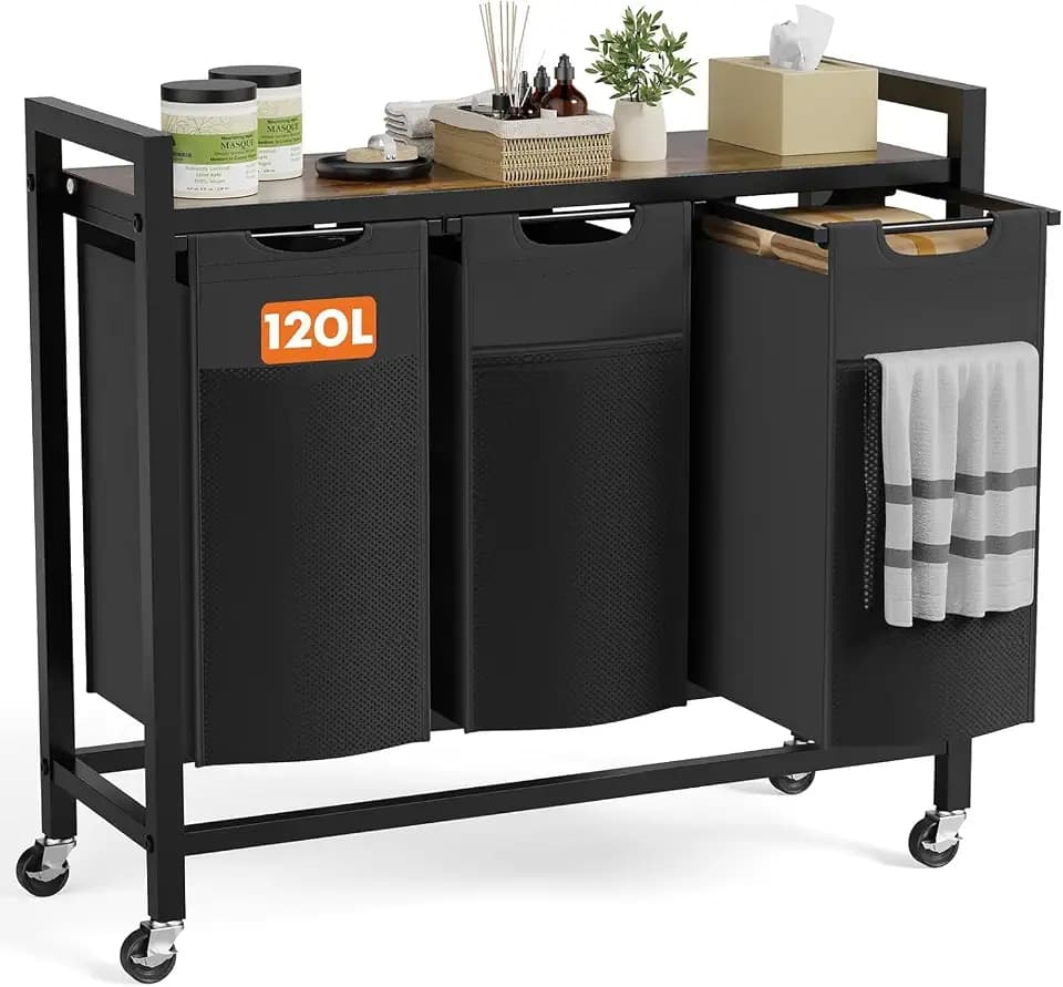DUMOS Wäschekorb 3 Fächer, Wäschesammler mit Ablage, Wäschekörbe, Wäschesortierer aus Oxford-Gewebe Abnehmbar, Metallrahmen, 3 x 40L laundry basket, 93 x 33 x 72cm Wäscheschrank, Schwarz-Vintagebraun