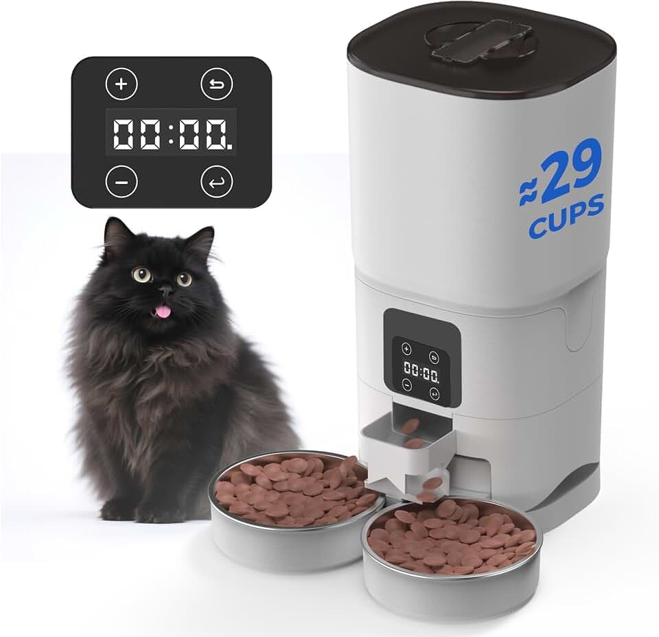 PAPIFEED Automatic Cat Feeder 2 Cats, 7L Large Capacity Cat Food Dispenser for Dry Food, 6 Meals/Day, 12 Portions/Meal, Timed Cat Feeders with Dual Power Supply for Multiple Pets, White