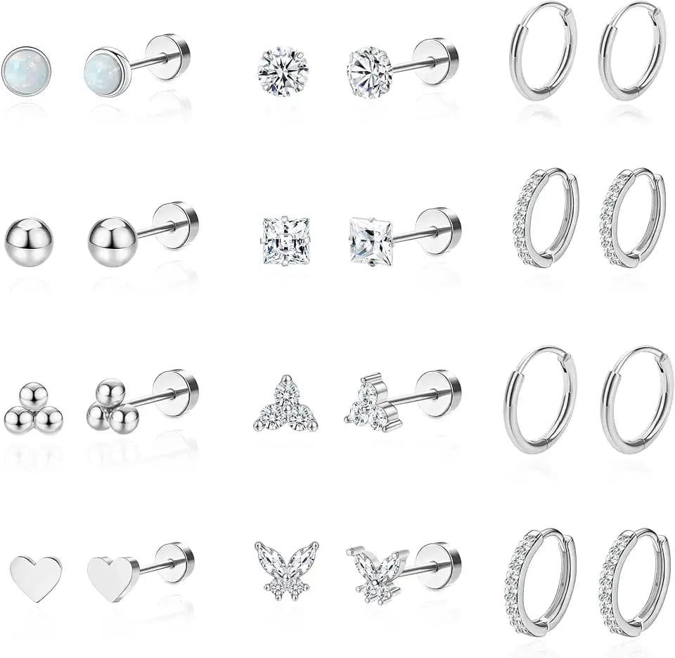 Staligue Hypoallergenic Flat Back Earrings for Sensitive Ears,Trendy Surgical Steel Earrings for Women Men Small Flat Back Cartilage Earring Sets for Multiple Piercing Flatback Stud Hoop Earring Stack