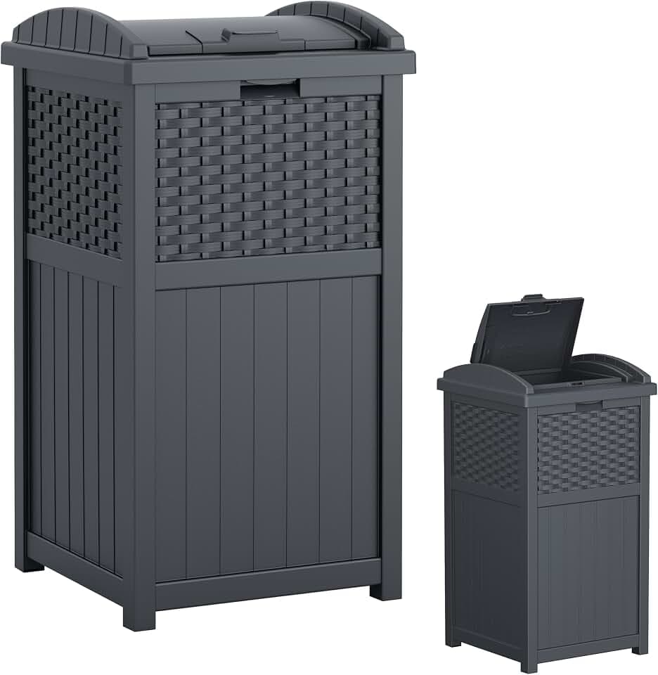 Suncast 33 Gal, Wicker Hideaway Trash Can, Secure Lid, Cyberspace Gray