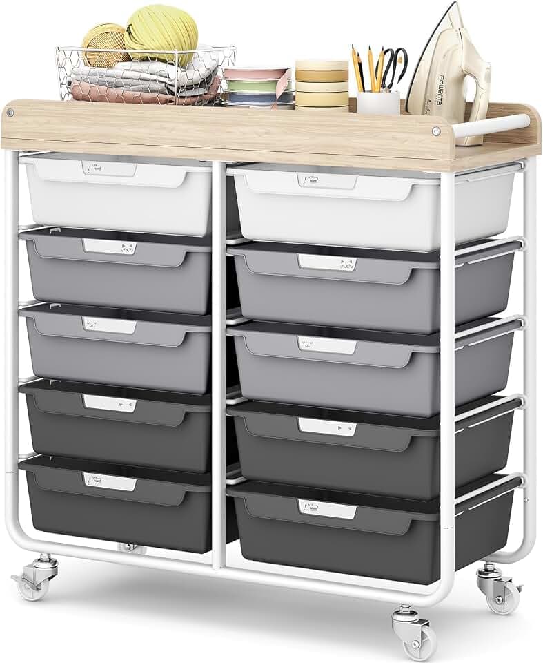 10 Drawer Rolling Storage Cart with Wood Top for Classroom Crafts Grey