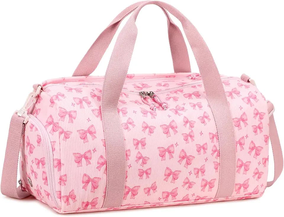BTOOP Duffle Bag for Gym Sports Women Girls Workout Travel Bag Weekender with Shoe Compartment and Wet Pocket (Pink Bow-Star)