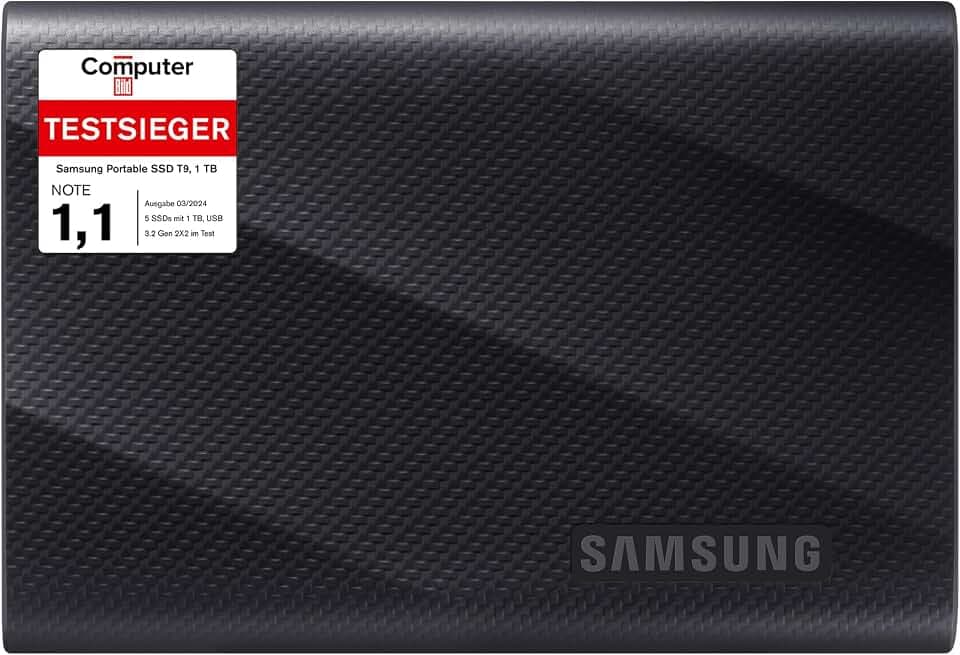 Samsung Portable SSD T9, 1 TB, 2.000 MB/s Lesen, 2.000 MB/s Schreiben, USB 3.2 Gen.2x2, Externe Festplatte für professionelle Anwender, Kompatibel mit Mac, PC, Smartphone und 12K Kameras, MU-PG1T0B/EU