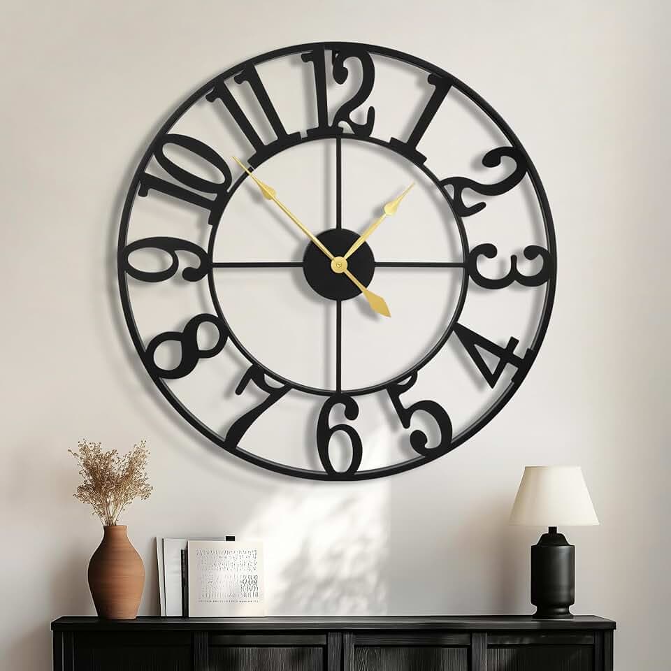 HAITANG Große Wanduhr im Vintage-Stil, schwarz Wanduhr rund, Modern Metall lautlos Nicht tickend, batteriebetrieben, 60cm Arabische Ziffern, Wohnzimmer Uhr Wand, Schlafzimmer, Küchendekoration