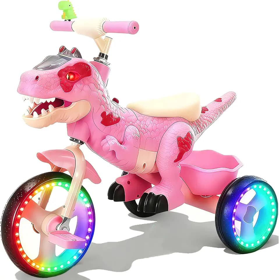 NMM Dinosaur Tricycle for Kids 2-6, LED, Big Wheel, Music, LED, Horn, Pink