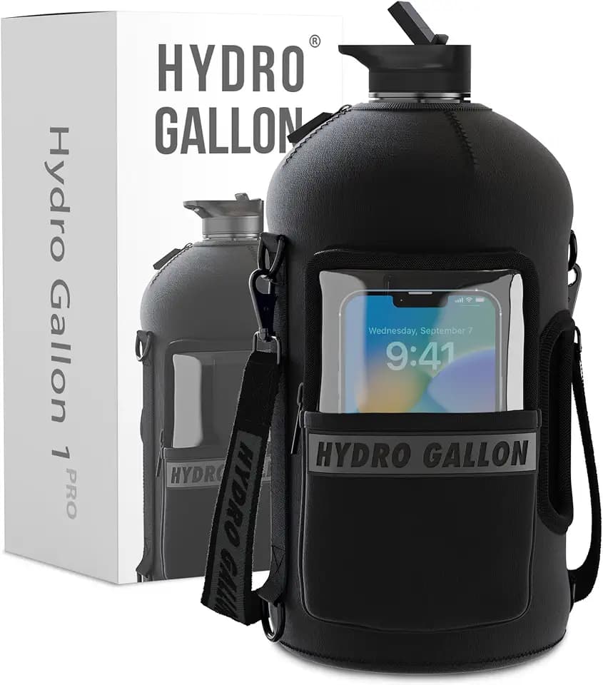 1 Pro - 1 Gallon Water Bottle Jug with Insulated Sleeve and Straw Lid, Handle, Time Marker, Pocket, Shoulder Strap. Daily Leakproof BPA free Large Big Bottle Men. 128oz (Black)