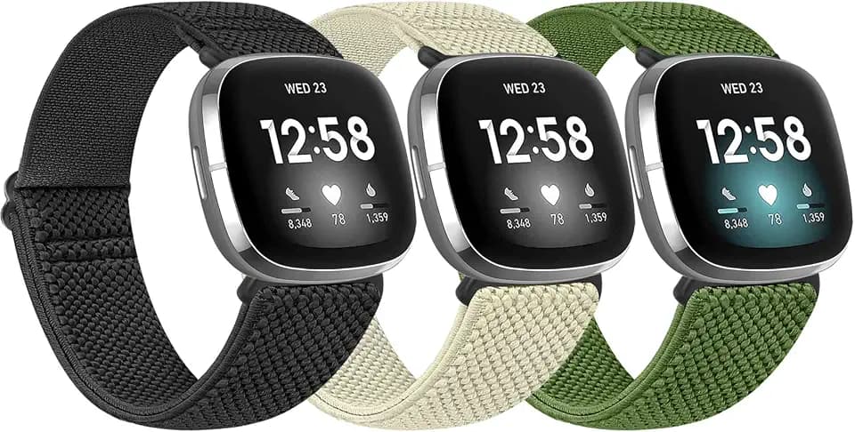 3 Pack Elastic Nylon Watch Bands Compatible with Fitbit Versa 4/Versa 3/Sense 2/Sense, Soft Adjustable Breathable Fabric Stretchy Replacement Wristbands for Women and Men