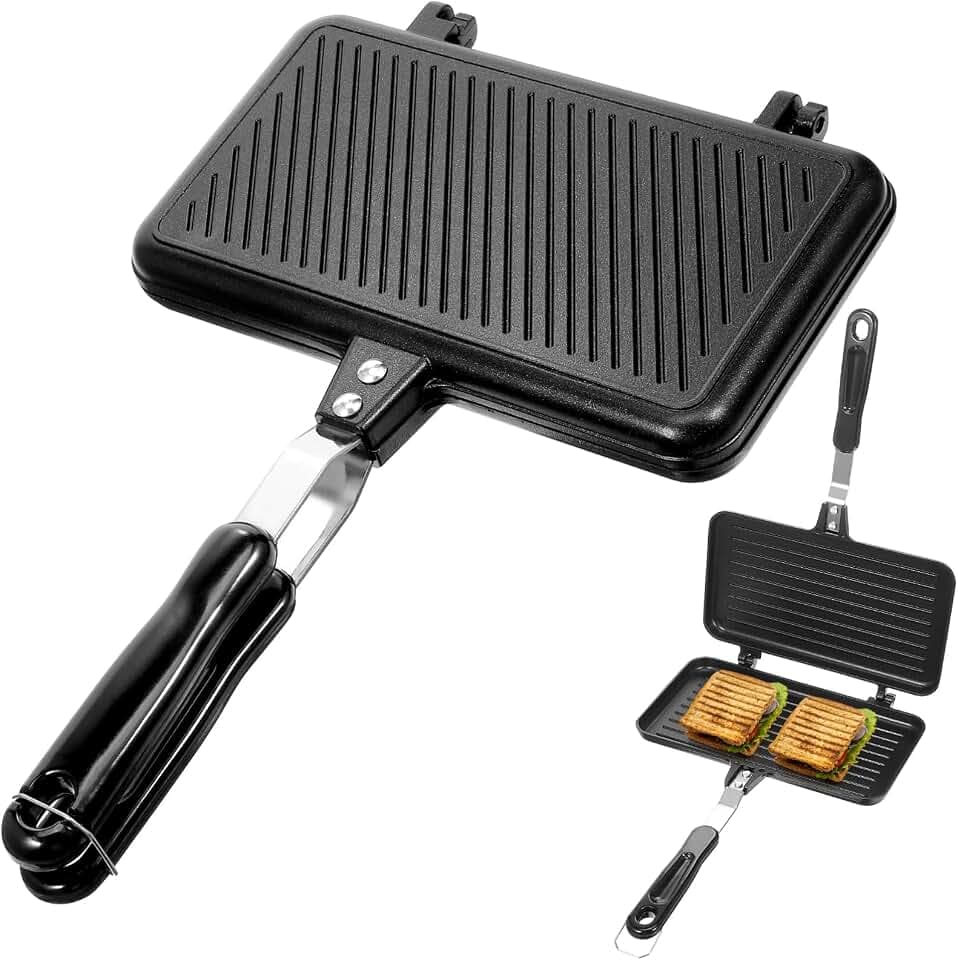 Didiseaon Sandwichmaker Camping Doppelseitige Bratpfanne: Aluminium Camping Toaster Sandwichtoaster Waffeleisen Klapptoaster Schwarz Sandwich Maker für Küche Frühstück