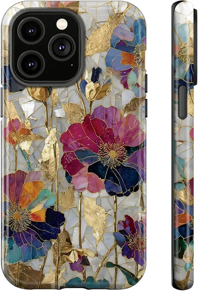 Case Compatible with iPhone 16,Stained Glass Bloom Flower Phone Case Hybrid 2-Layer Hard Shell,Shockproof Soft for Girl Women Boy Men