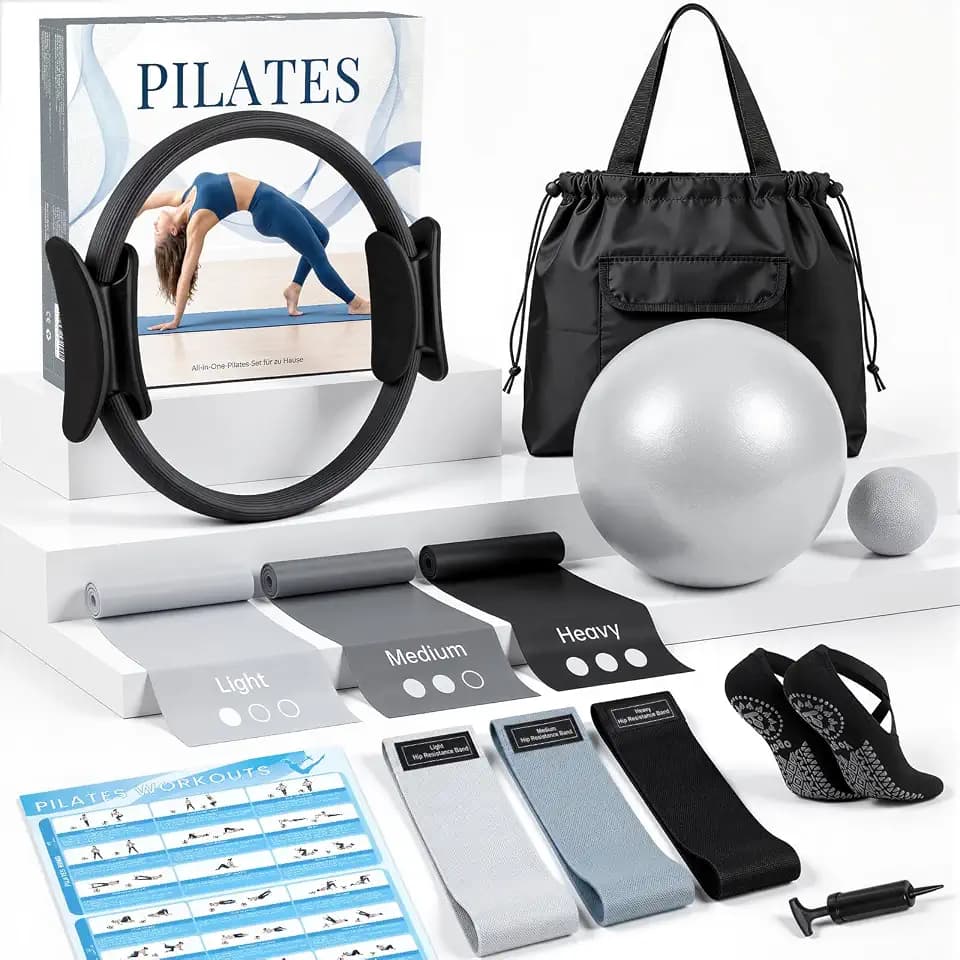 GINMIC Pilates Set, 13-teiliges Trainingsset für Zuhause mit Pilates-Ring und -Ball, 3 Widerstandsbänder in 3 Stärken, inkl. Übungsanleitung und Tragetasche – Ideal für Anfänger und Ganzkörpertraining