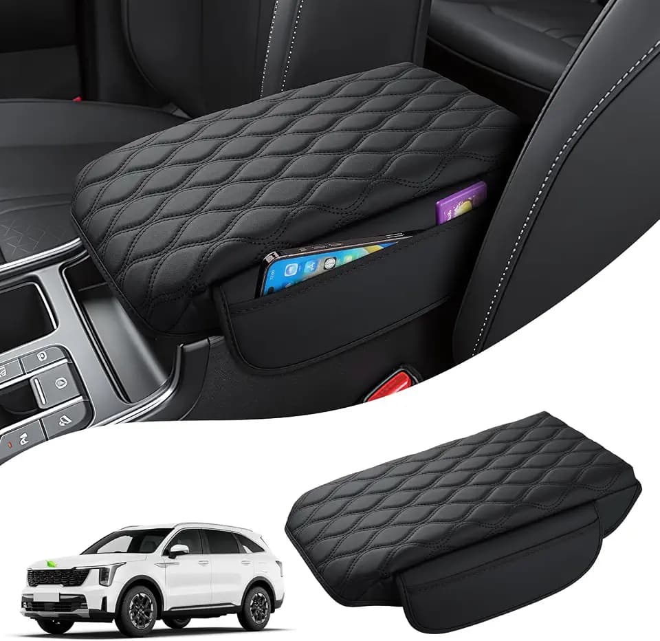 Autorder Center Console Cover for 2021-2025 2026 Kia Sorento Accessories Armrest Cushion Cover Nappa Leather Middle Console Covers Sorento Console Cushion Pad Anti-Scratch