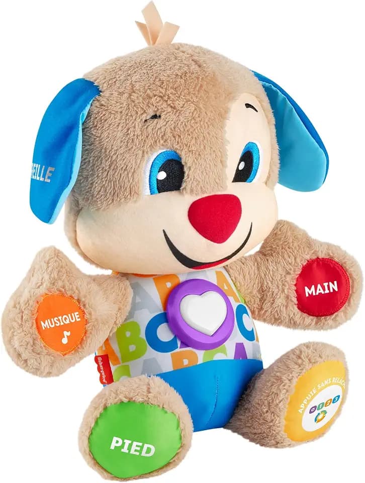 Fisher-Price Lernspaß-Hündchen mit drei Stufen | sprechendes Kuscheltier mit Musik als Kinderspielzeug und Baby Spielzeug | Interaktiver Teddybär, Version: Französisch, FPM44