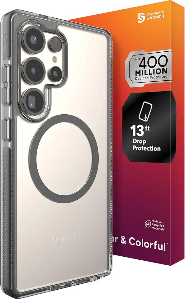 ZAGG Santa Cruz Snap Samsung Galaxy S25 Ultra Case - Slim, 13ft Drop Protection, Fast Wireless Charging Compatible, Graphene Strength, 70% Recycled Material, Anti-Scratch, Secure Grip, Clear, Black