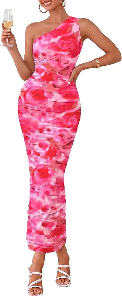 PRETTYGARDEN One Shoulder Maxi Dress Ruched Printed