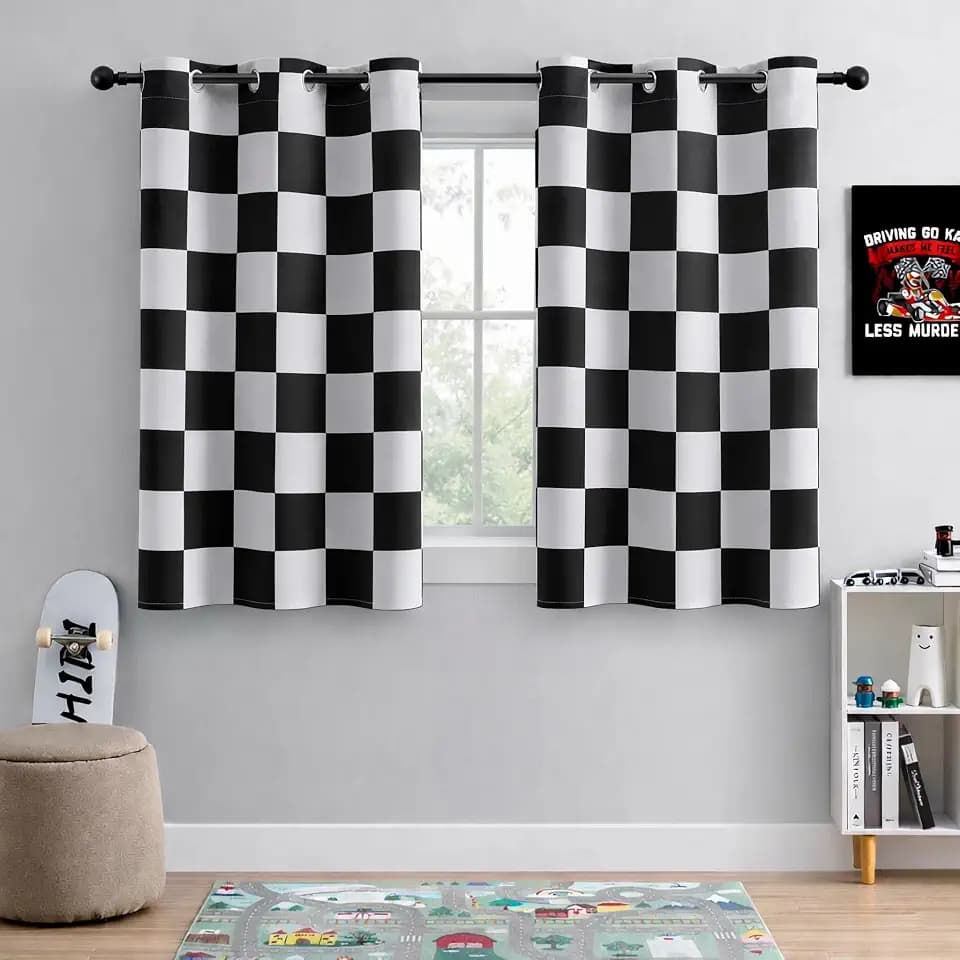 100% Blackout Curtains – Black and White Checkered Race Flag Pattern, 2 Panels, Each W42×L54, Thermal Insulated, Nosie Reducing for Bedroom, Living Room, Race car Drapes