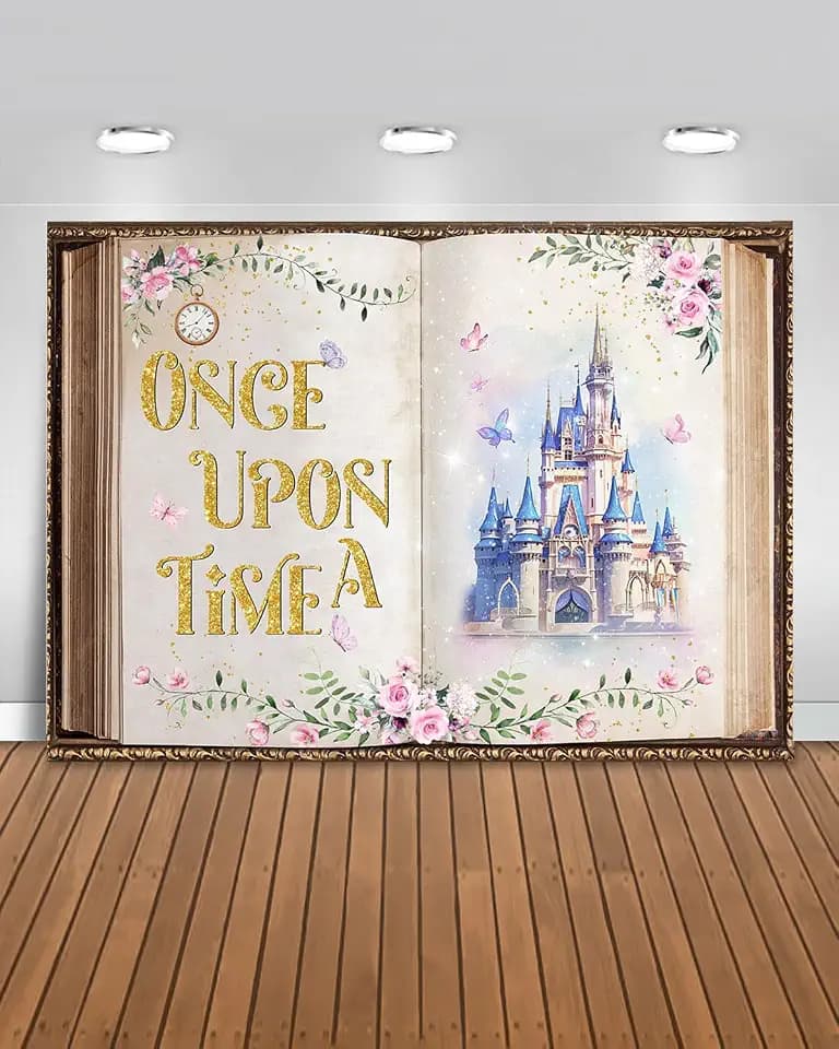 Mocsicka Fairy Tale Book Backdrop (Pink and Gold, 7x5ft(82"x60"))