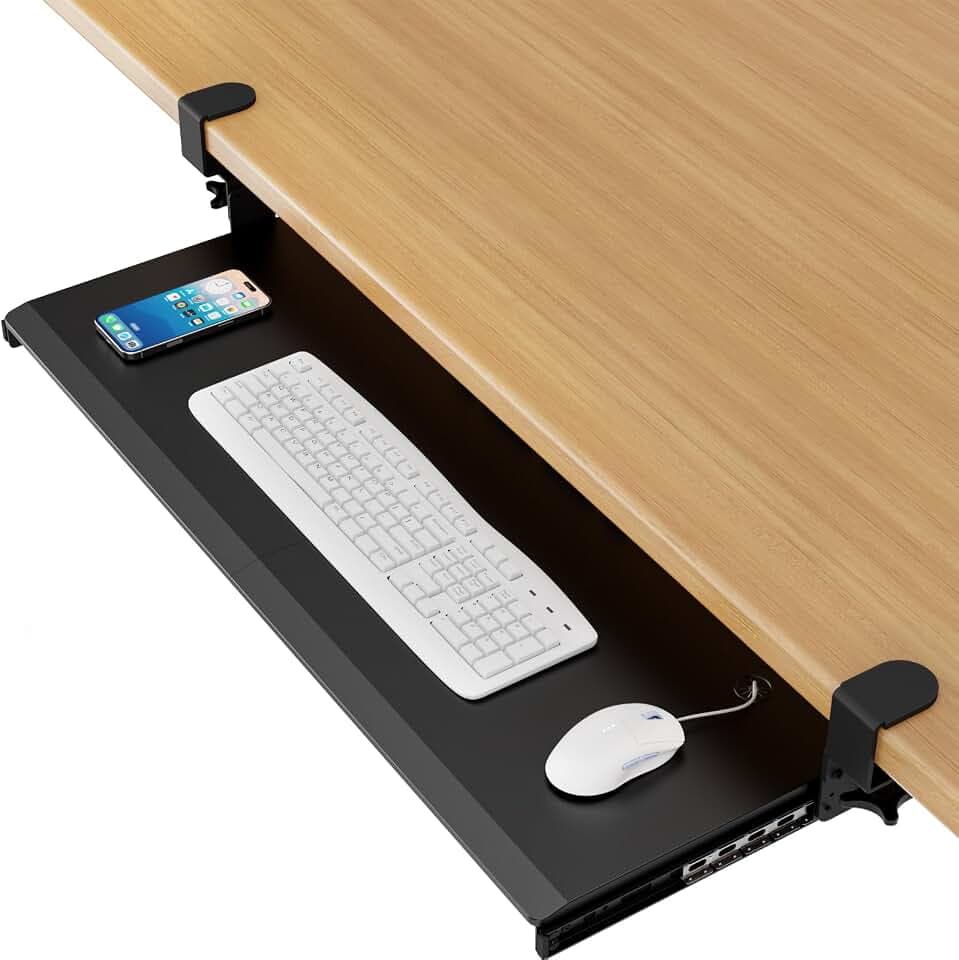 AX WABER ausziehbare Tastaturablage für Schreibtisch, 3 höhenverstellbare C-Klemmen (besonders stabil), Gesamtmaß mit Klemmen: 965,2 x 300 mm, Plattform zum AX01WB02